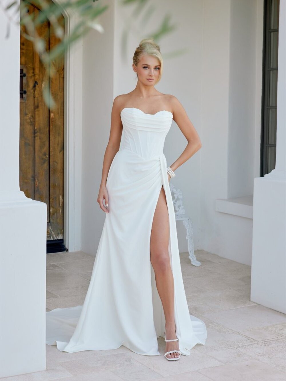 New Off White Wedding Satin Gown w/ Draped Corset Bodice NX JE1083